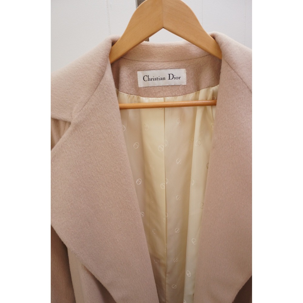 Christian Dior Beige Long Wool Blend Trench Coat Belted Lapel Collar Women - Picture 10 of 16